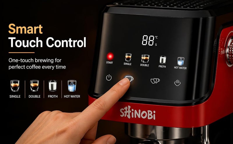 SHINOBI Espresso Coffee Machine with Best Italian Pump,20 Bar, Touch Screen, Big 1.5L Water Tank, Milk Frother, Thermoblock Fast Heating1350W, Professional Cappuccino & Latte Maker. - Image 3
