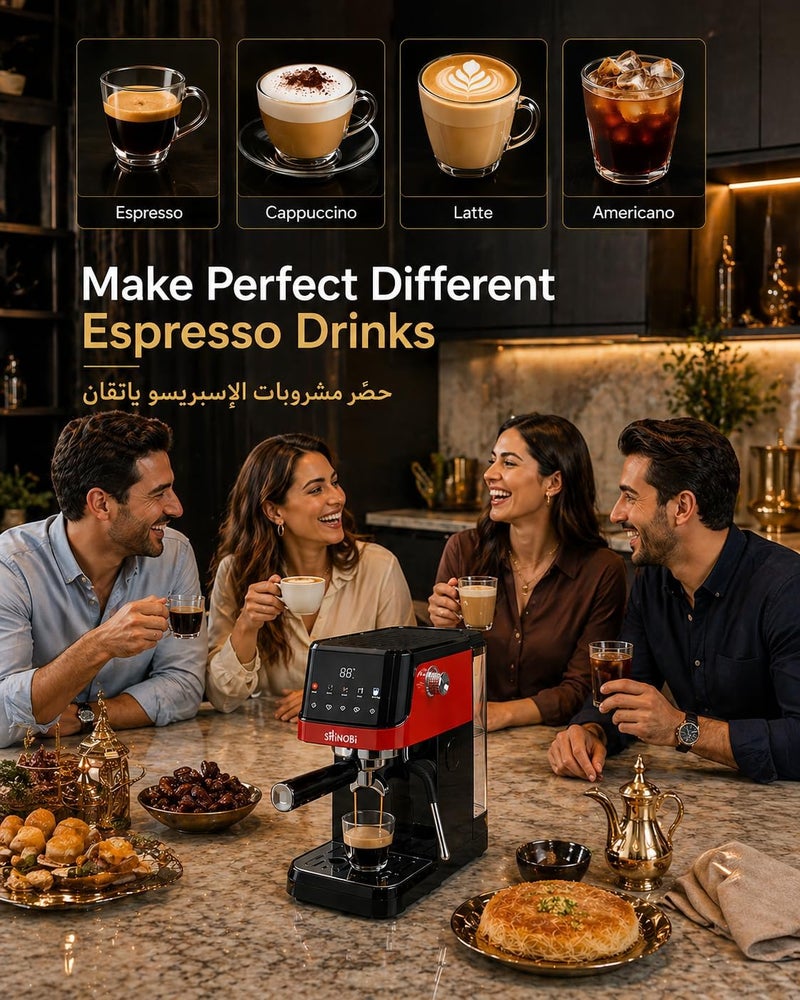 SHINOBI Espresso Coffee Machine with Best Italian Pump,20 Bar, Touch Screen, Big 1.5L Water Tank, Milk Frother, Thermoblock Fast Heating1350W, Professional Cappuccino & Latte Maker. - Image 2