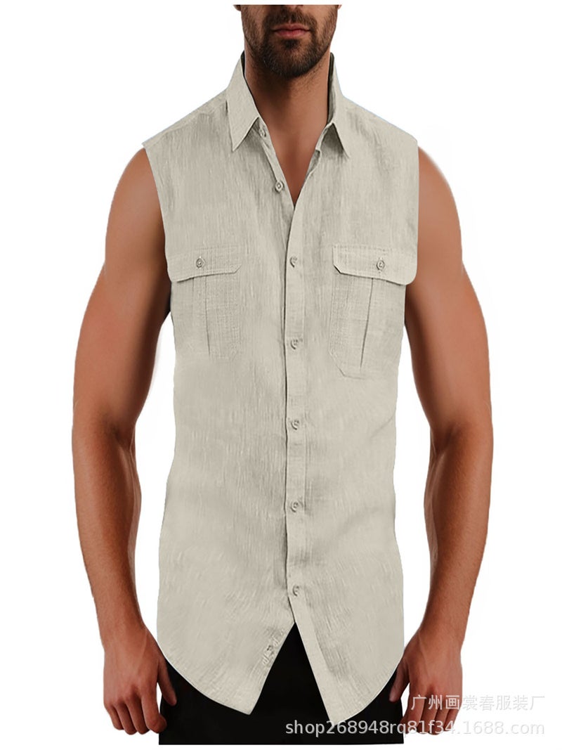 Men'S Shirt Double Pocket Cotton Linen Sleeveless Shirt Casual Vacation Shirt Small Back - Image 1