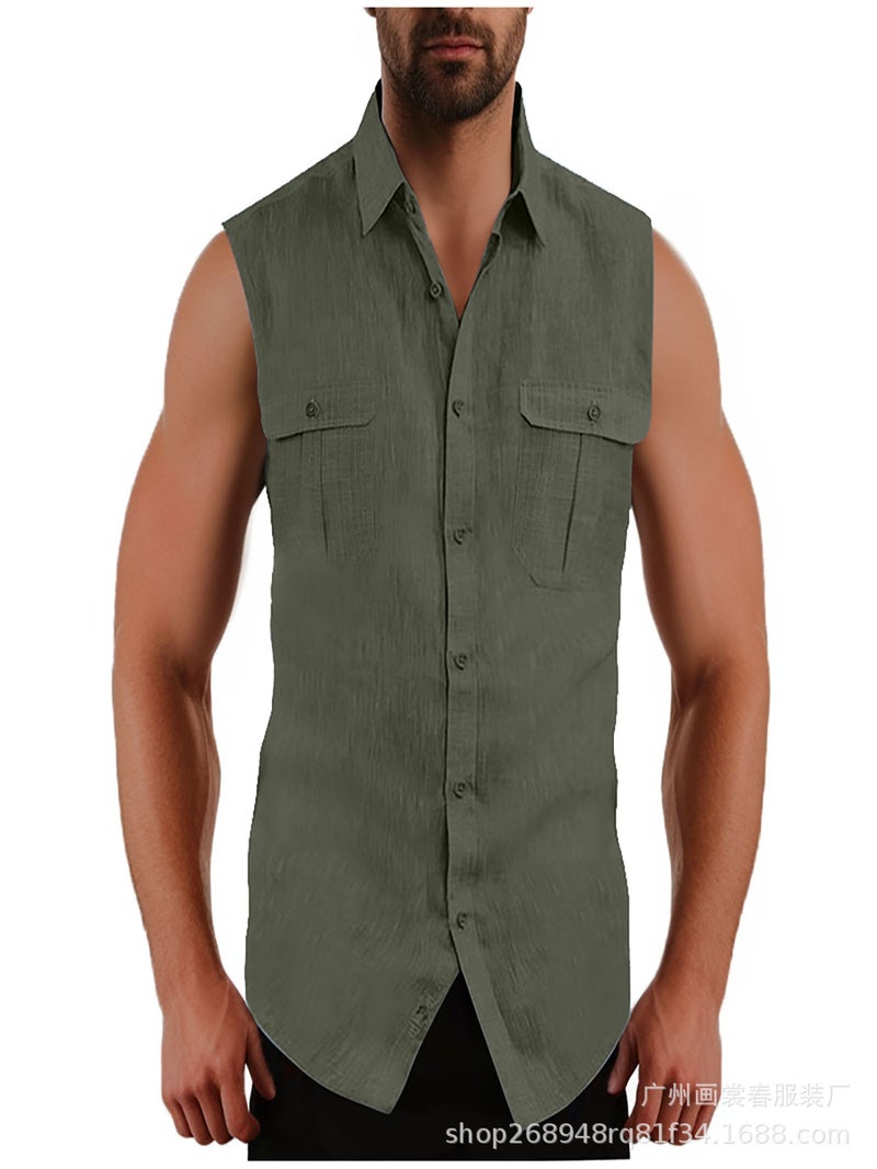 Men'S Shirt Double Pocket Cotton Linen Sleeveless Shirt Casual Vacation Shirt Small Back - Image 3