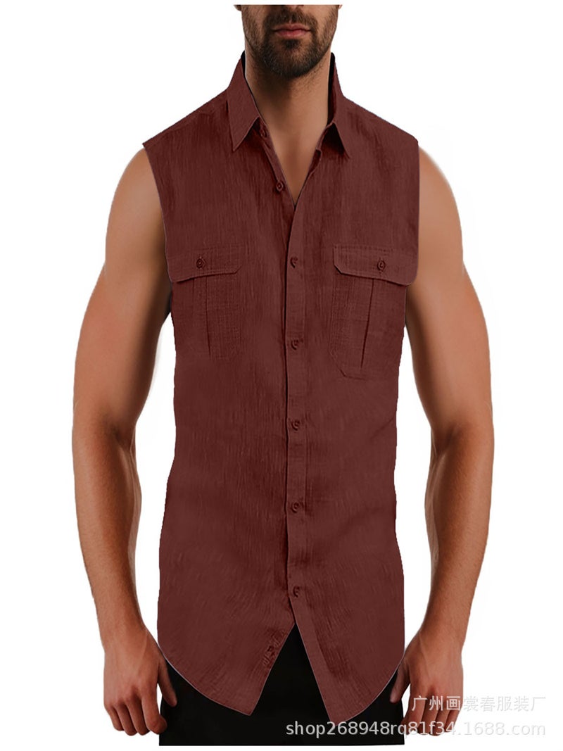 Men'S Shirt Double Pocket Cotton Linen Sleeveless Shirt Casual Vacation Shirt Small Back - Image 4