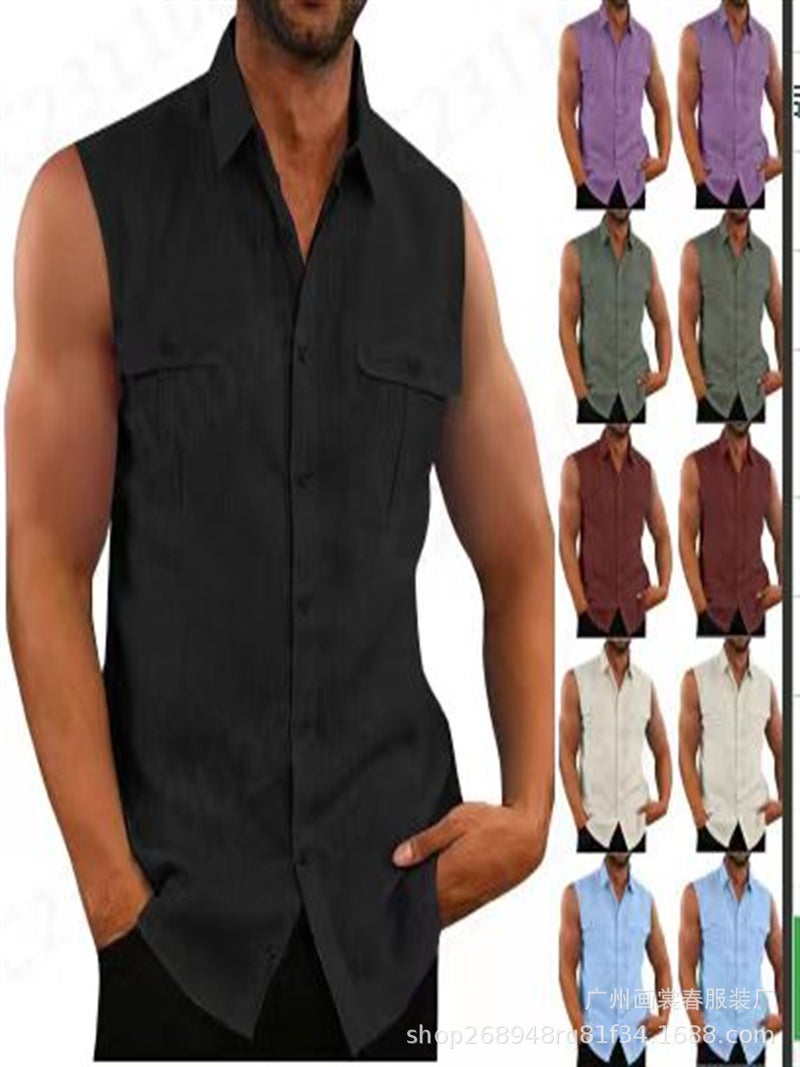 Men'S Shirt Double Pocket Cotton Linen Sleeveless Shirt Casual Vacation Shirt Small Back - Image 2