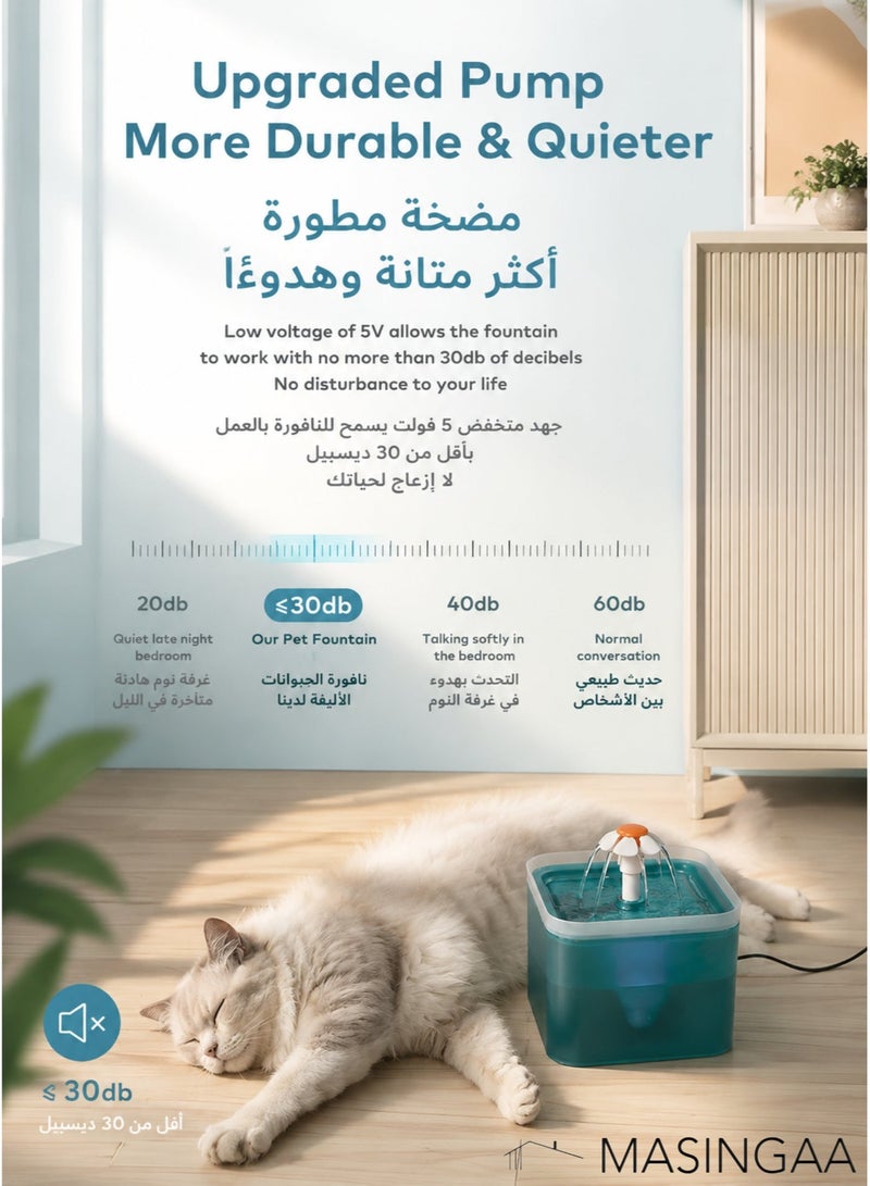 MASINGAA AUTO Pet Water Fountain, Pet Water Dispenser, 2L Large Capacity, Quad Filtration, Ultra-Quiet Pump, LED Water Indicator, 3 Water Flow Modes, USB Powered, Ideal for Cats and Dogs - Image 4
