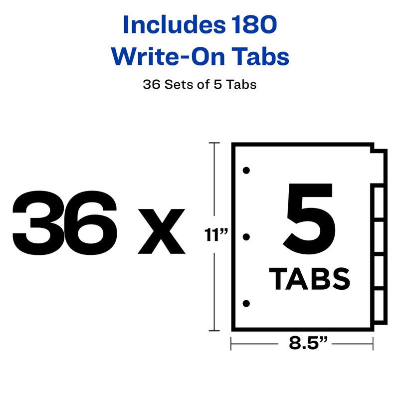 Avery Binder Tabs Divider â€“ Bulk 5â€‘Tab Writeâ€‘On Design, Tearâ€‘Resistant Reinforced Holes, Fits Standard 3â€‘Ring Binder, White Recycled Index Paper, 36 Sets â€“ Ideal for Students & Offices - Image 5