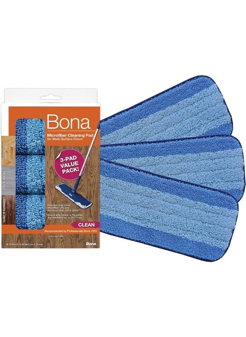 Bona Microfiber Cleaning Pad for Hardwood & Hard Surface Floors - 3 Pack - For Use With Bona Mop - Dual Zone Cleaning Design for Faster Cleanup