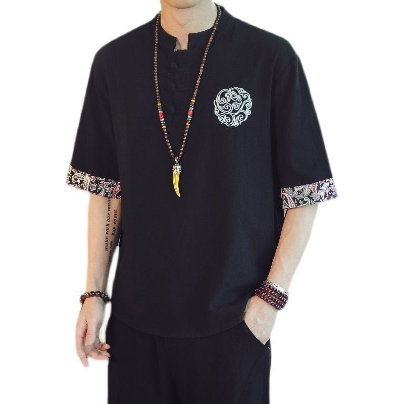 Chinese Style Men's Embroidered Linen Short-sleeved T-shirt Men's Vintage plus size Loose Half-sleeved Summer Cotton Linen Tang T-shirt - Image 3