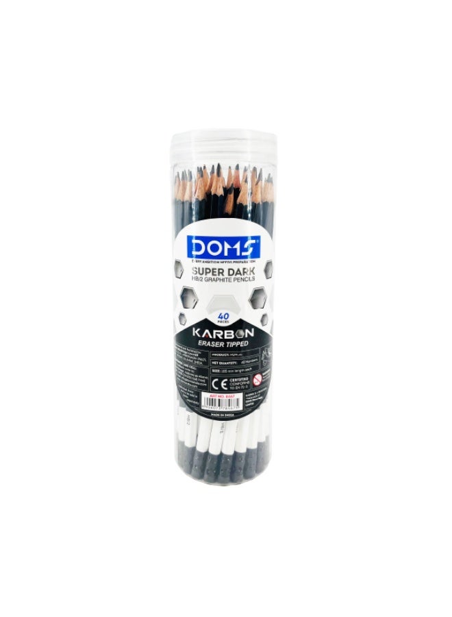 DOMS Karbon Eraser-Tipped Super Dark Graphite Pencils HB/2 – Pack of 40 – 185mm Length – Smooth Writing - Image 1