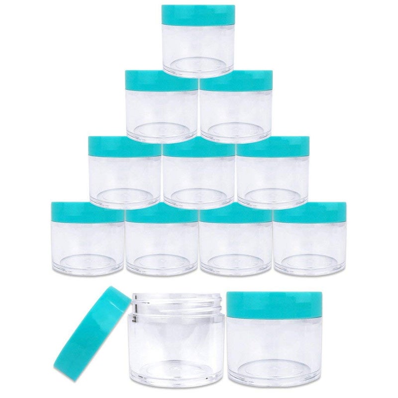 Pana Beauticom 30g30ml 1 fl oz Double Wall Clear Plastic Leak Proof Jars with Flat Top Lids for Creams Lotions Make Up Powders Glitters and more Color Teal Lid Pieces 12