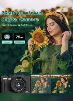 IqwiCam 5K Digital Camera, 75MP Camera Digital  for Photography, 18X Digital Camera for YouTube with 3" 180° Flip Screen, Point and Shoot Camara Vlogging Camera with 128GB Micro SD Card for Beginner Gift, Wide Angle & Macro Lens, Rechargeable Battery  - Image 4