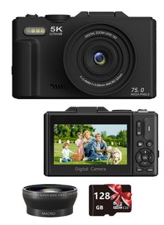 IqwiCam 5K Digital Camera, 75MP Camera Digital  for Photography, 18X Digital Camera for YouTube with 3" 180° Flip Screen, Point and Shoot Camara Vlogging Camera with 128GB Micro SD Card for Beginner Gift, Wide Angle & Macro Lens, Rechargeable Battery  - Image 1