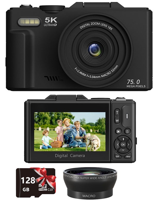 IqwiCam 5K Digital Camera, 75MP Camera Digital  for Photography, Point and Shoot Camara with 128GB Micro SD Card, 18X Digital Camera with 3" 180° Flip Screen, Vlogging Camera for Beginner Gift, Wide Angle & Macro Lens, Rechargeable Battery  - Image 1