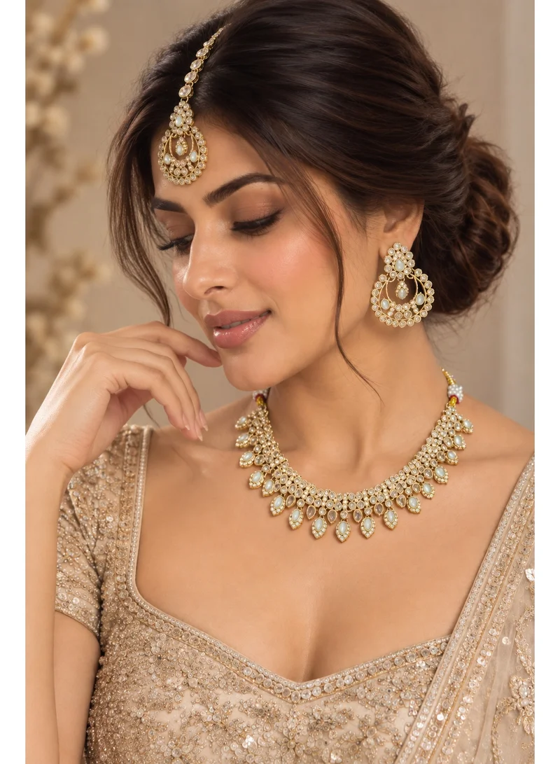 Lehar Gold Kundan Choker Set with Chandbali & Tikka - Indian Bridal Jewelry
