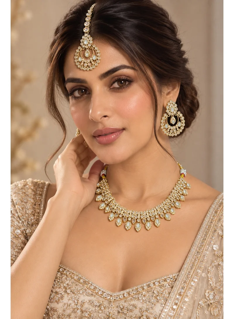 Lehar Gold Kundan Choker Set with Chandbali & Tikka - Indian Bridal Jewelry