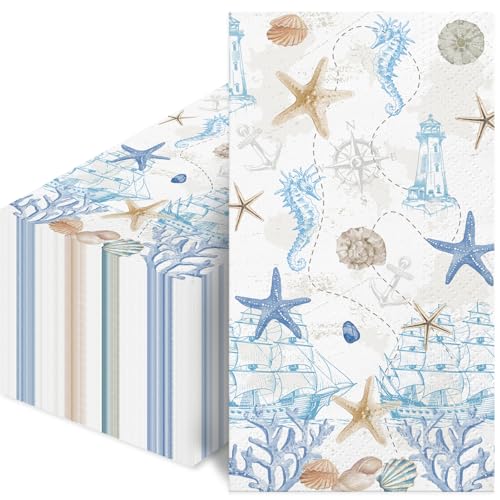 wuhuzsm 100 Pcs Nautical Coastal Paper Napkins, Sea Blue Disposable Guest Towels for Wedding, Boat & Beach Parties, Bathroom Hand Towels, Dinner Decorative Supplies - Image 1