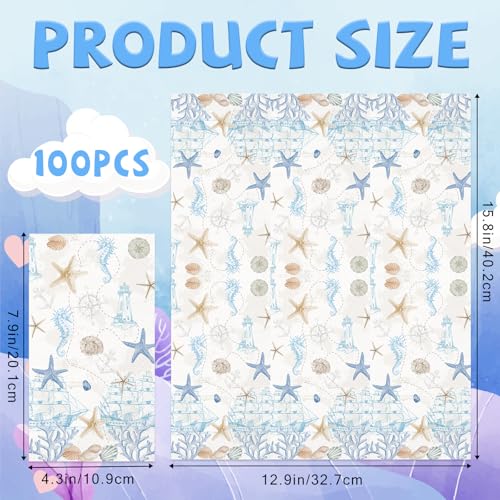 wuhuzsm 100 Pcs Nautical Coastal Paper Napkins, Sea Blue Disposable Guest Towels for Wedding, Boat & Beach Parties, Bathroom Hand Towels, Dinner Decorative Supplies - Image 2