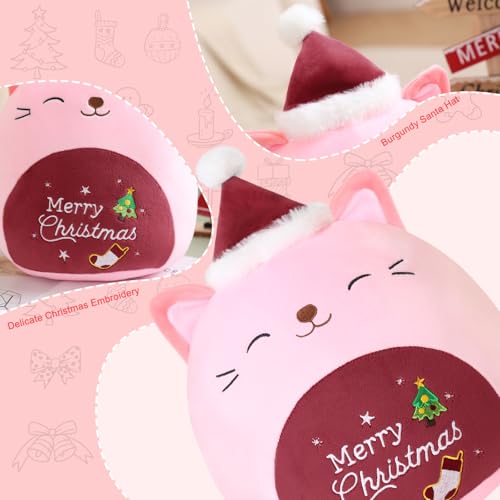 SQEQE Christmas Cat Stuffed Animal Pink Cat Plush Wearing Red Hat Kawaii Stuffed Toys Soft Home Plushie Decoration Gifts for Boys Girls Red 10 Inch - Image 5