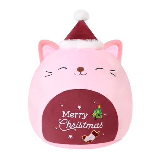 SQEQE Christmas Cat Stuffed Animal Pink Cat Plush Wearing Red Hat Kawaii Stuffed Toys Soft Home Plushie Decoration Gifts for Boys Girls Red 10 Inch - Image 1