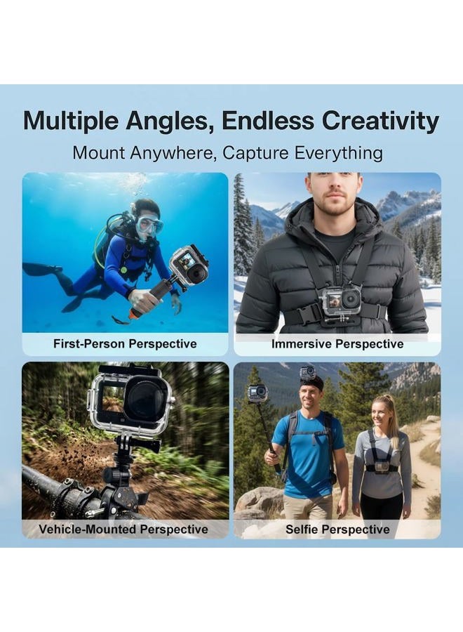 BMUUPY طقم ملحقات متوافق مع DJI OSMO Action 6 مع علبة حماية مائية بعمق 70 متر، واقي شاشة زجاجي مقسى، مقبض عائم، حقيبة حمل كبيرة، وحوامل للصدر/الرأس/المقود - Image 4