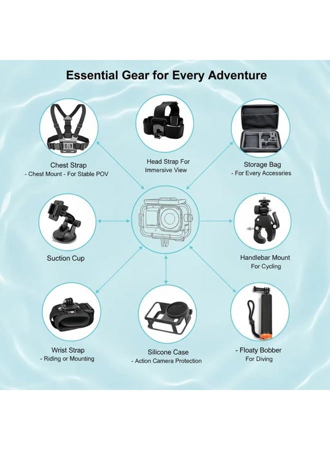 BMUUPY طقم ملحقات متوافق مع DJI OSMO Action 6 مع علبة حماية مائية بعمق 70 متر، واقي شاشة زجاجي مقسى، مقبض عائم، حقيبة حمل كبيرة، وحوامل للصدر/الرأس/المقود - Image 5