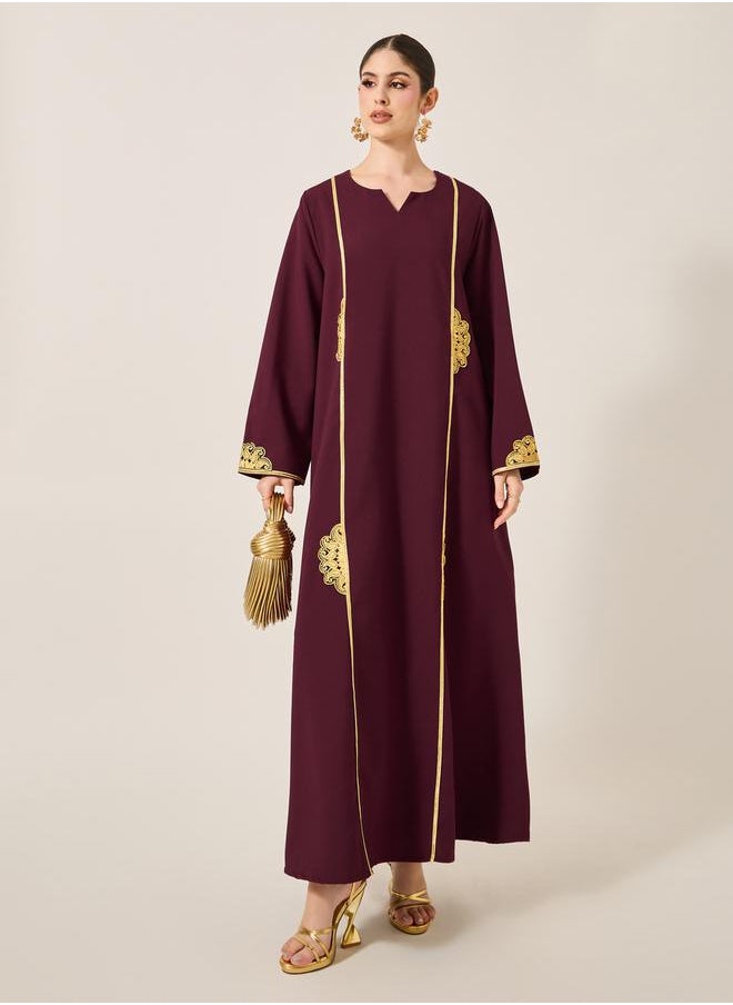 Styli - Embroidered Lace Detail Notch Neck Jalabyia - Image 1