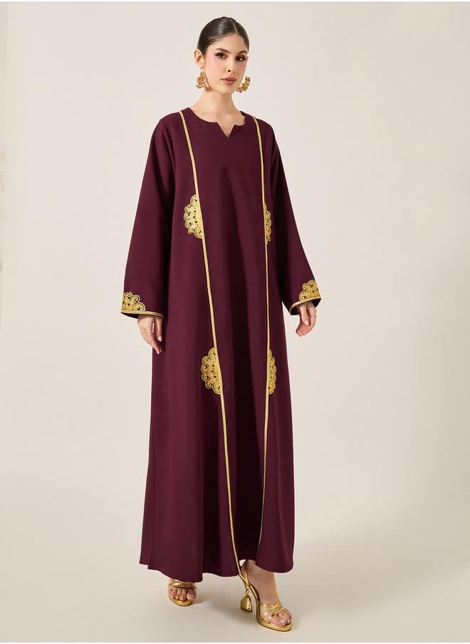 Styli - Embroidered Lace Detail Notch Neck Jalabyia - Image 1