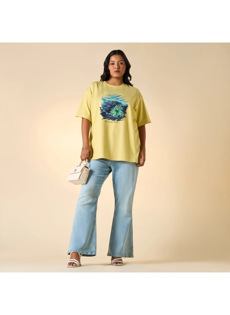 Ulla Popken Plus Size Ulla Popken Embellished T-shirt with Round Neck