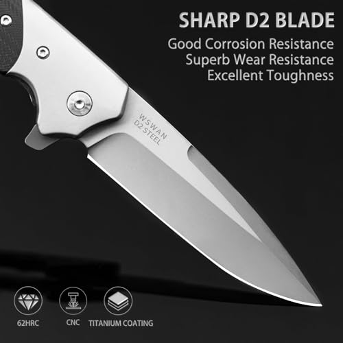 NedFoss W.SWAN Pocket Knife, Sharp D2 Steel Folding Knife with Clip, G10 Handle, Safety Liner Lock, Large Pocket Knives for Hiking, Outdoor, Mens Gift - Image 2