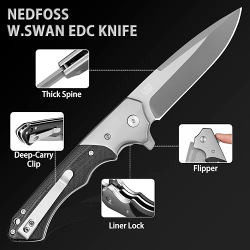 NedFoss W.SWAN Pocket Knife, Sharp D2 Steel Folding Knife with Clip, G10 Handle, Safety Liner Lock, Large Pocket Knives for Hiking, Outdoor, Mens Gift - Image 4