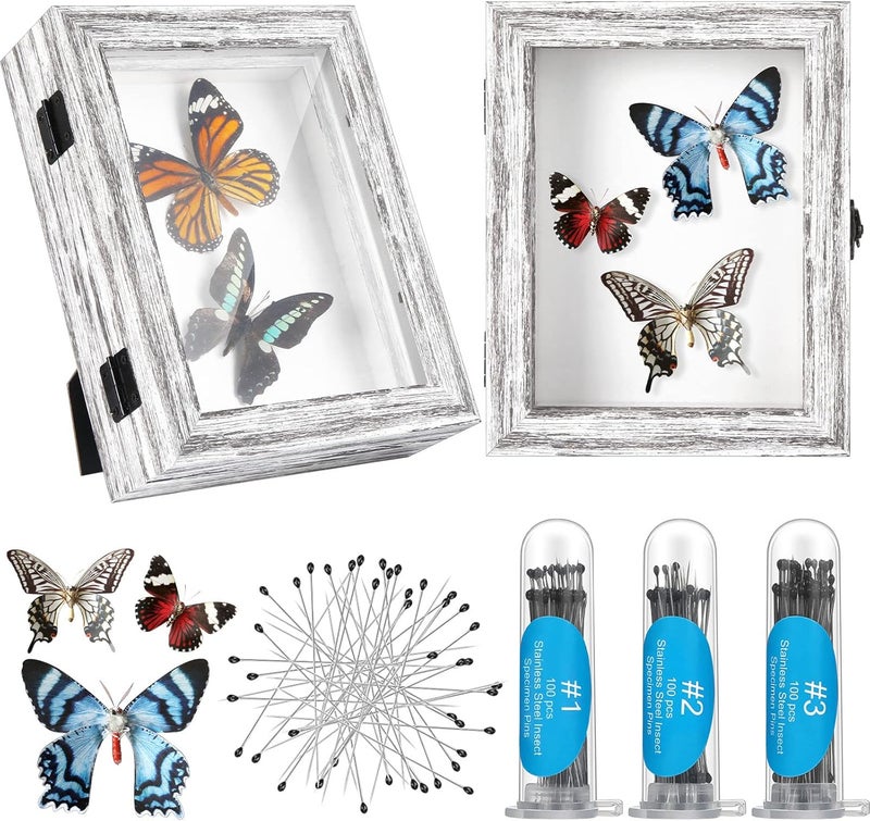 Macarrie 2 Pcs Insect Display Case Collection Shadow Boxes With Clear Top EVA Foam Pinning Board and 300 Pcs 3 Sizes Pins  Butterfly Box Kit for Specimen 787 x 63 x 205 Inch Gray - Image 1