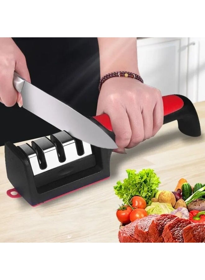Professional 3-in-1 manual knife sharpener for sharpening knives and scissors with 3 stages, ergonomic and non-slip design, suitable for chefs and home use. - Image 2