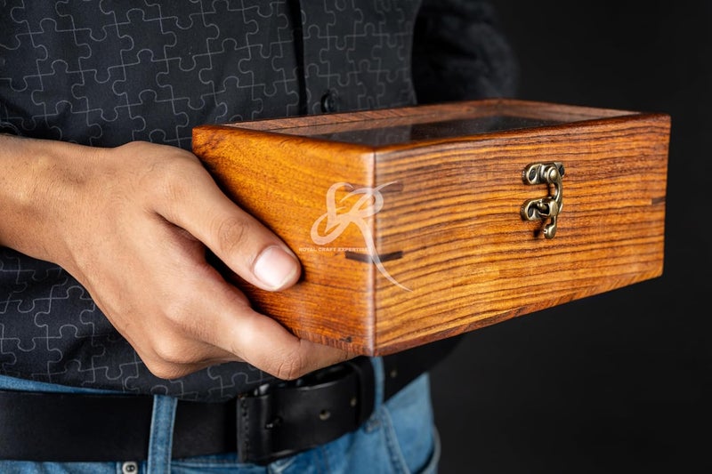 Royal Craft Expertise صندوق ساعات للرجال، علبة عرض ساعات، صندوق ساعات من خشب الورد الهندي للرجال، غطاء زجاجي مبطن بالمخمل، هدية صلبة له، مصنوعة للمناسبات الخاصة (بني داكن-3 غرف) - Image 5