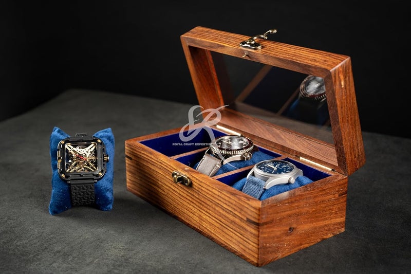 Royal Craft Expertise صندوق ساعات للرجال، علبة عرض ساعات، صندوق ساعات من خشب الورد الهندي للرجال، غطاء زجاجي مبطن بالمخمل، هدية صلبة له، مصنوعة للمناسبات الخاصة (بني داكن-3 غرف) - Image 3