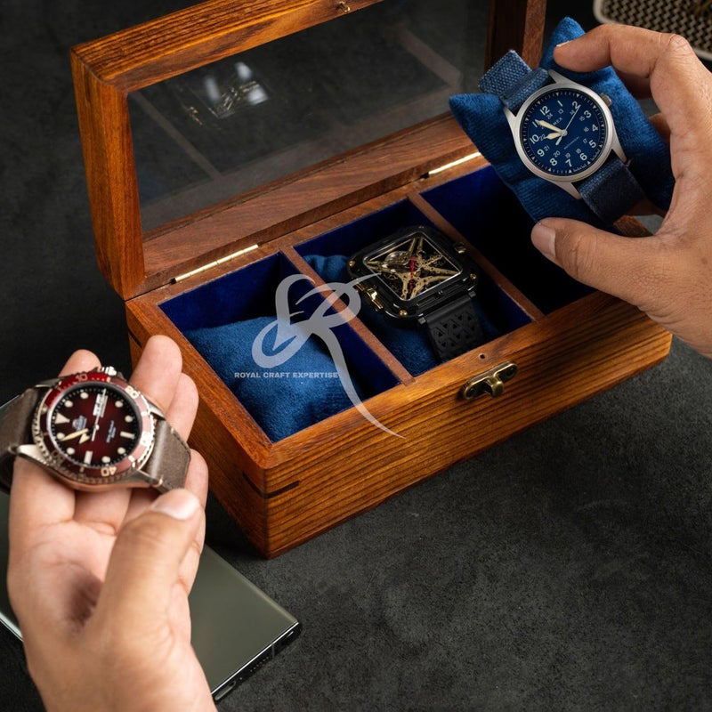Royal Craft Expertise صندوق ساعات للرجال، علبة عرض ساعات، صندوق ساعات من خشب الورد الهندي للرجال، غطاء زجاجي مبطن بالمخمل، هدية صلبة له، مصنوعة للمناسبات الخاصة (بني داكن-3 غرف) - Image 1