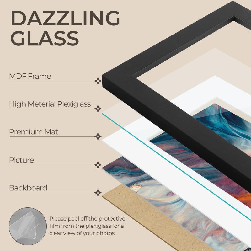 AUEAR  9x12 Picture Frames Set of 6  with Mat for 6x8 or 9x12 without Mat  Composite Wood Gallery Photo Frames with Plexiglass  Wall Mounting (Black) - Image 2