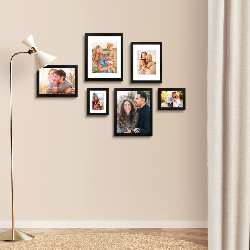 AUEAR  9x12 Picture Frames Set of 6  with Mat for 6x8 or 9x12 without Mat  Composite Wood Gallery Photo Frames with Plexiglass  Wall Mounting (Black) - Image 5