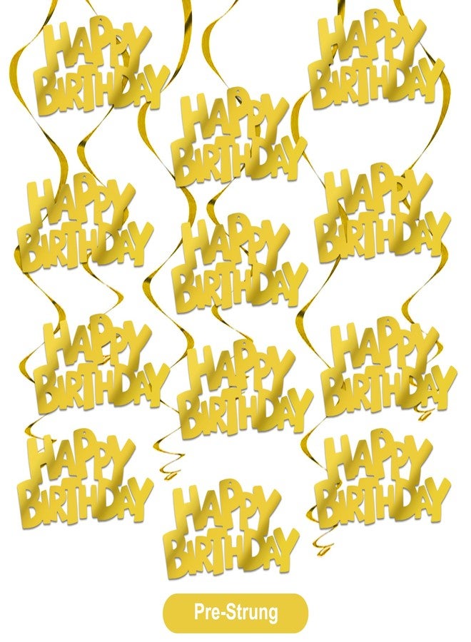 BEISHIDA 12 Pcs Pre-Strung Happy Birthday Hanging Swirl Decorations, Gold Birthday Party Hanging Decor for Kids Adults - Image 1