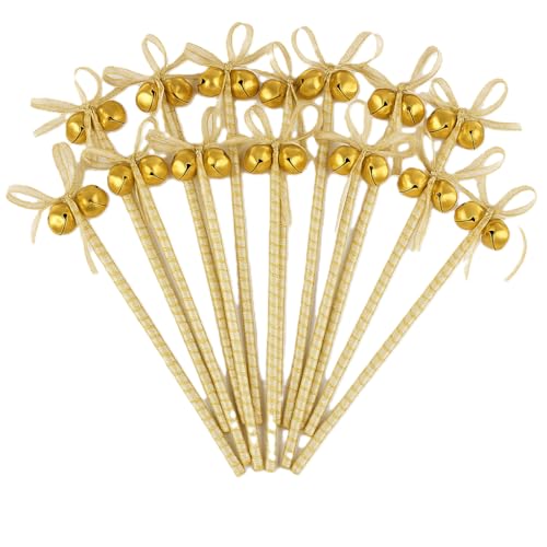 Vrindavanstore.in Wedding Welcome Bell Sticks Pack of 25 | Brass Golden Double Bells with Premium Organza Ribbon Wrap | Top Indian Wedding Celebration Props for Bride-Groom Entry, Baraat, Haldi - Image 1