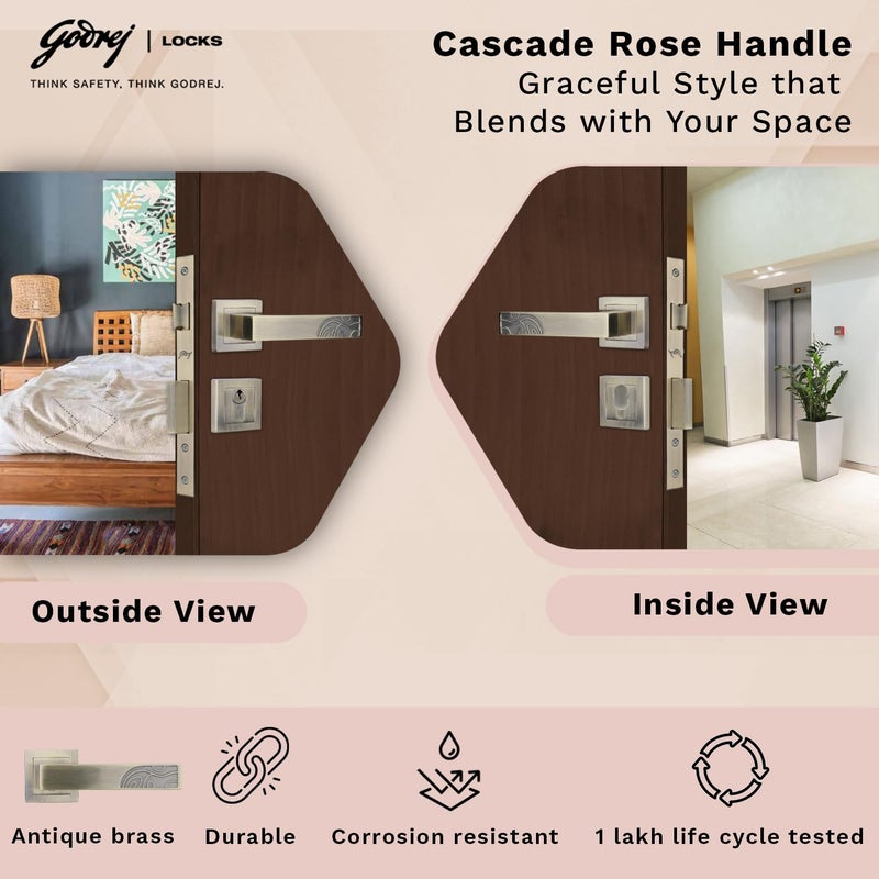 Godrej Locking Solutions and Systems Godrej Mortise Lock Handle Lock Set for Main Bedroom Door Cascade Rossette Home Dcor Handle Antique Brass Finish 9 Inch Lockbody 60 mm 1CK Cylinder Knob from Inside and with 3 Keys  - Image 2