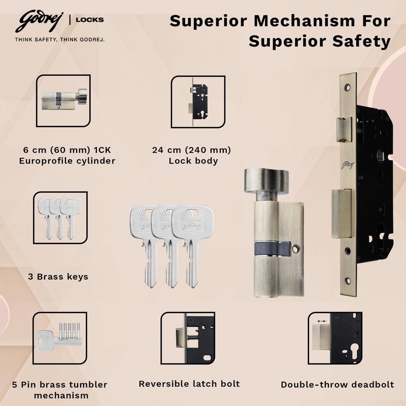 Godrej Locking Solutions and Systems Godrej Mortise Lock Handle Lock Set for Main Bedroom Door Cascade Rossette Home Dcor Handle Antique Brass Finish 9 Inch Lockbody 60 mm 1CK Cylinder Knob from Inside and with 3 Keys  - Image 3