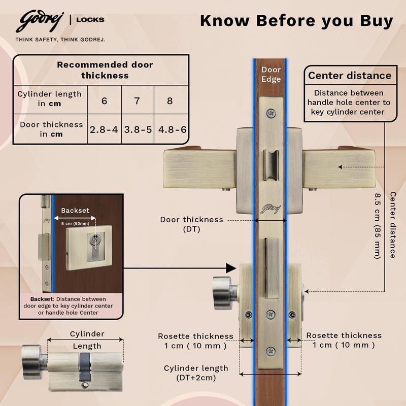 Godrej Locking Solutions and Systems Godrej Mortise Lock Handle Lock Set for Main Bedroom Door Cascade Rossette Home Dcor Handle Antique Brass Finish 9 Inch Lockbody 60 mm 1CK Cylinder Knob from Inside and with 3 Keys  - Image 4