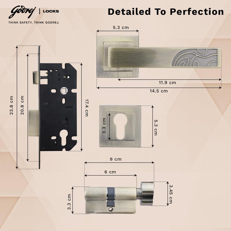 Godrej Locking Solutions and Systems Godrej Mortise Lock Handle Lock Set for Main Bedroom Door Cascade Rossette Home Dcor Handle Antique Brass Finish 9 Inch Lockbody 60 mm 1CK Cylinder Knob from Inside and with 3 Keys  - Image 5