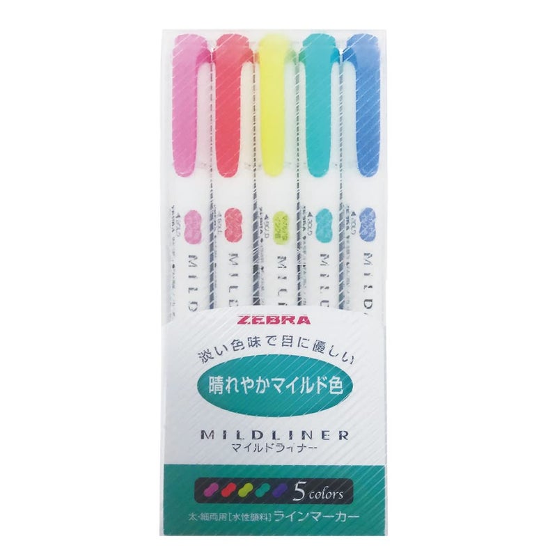 ZEBRA Highlighter Mildliner, 5 Bright Color Set (WKT7-5C-HC) - Image 1