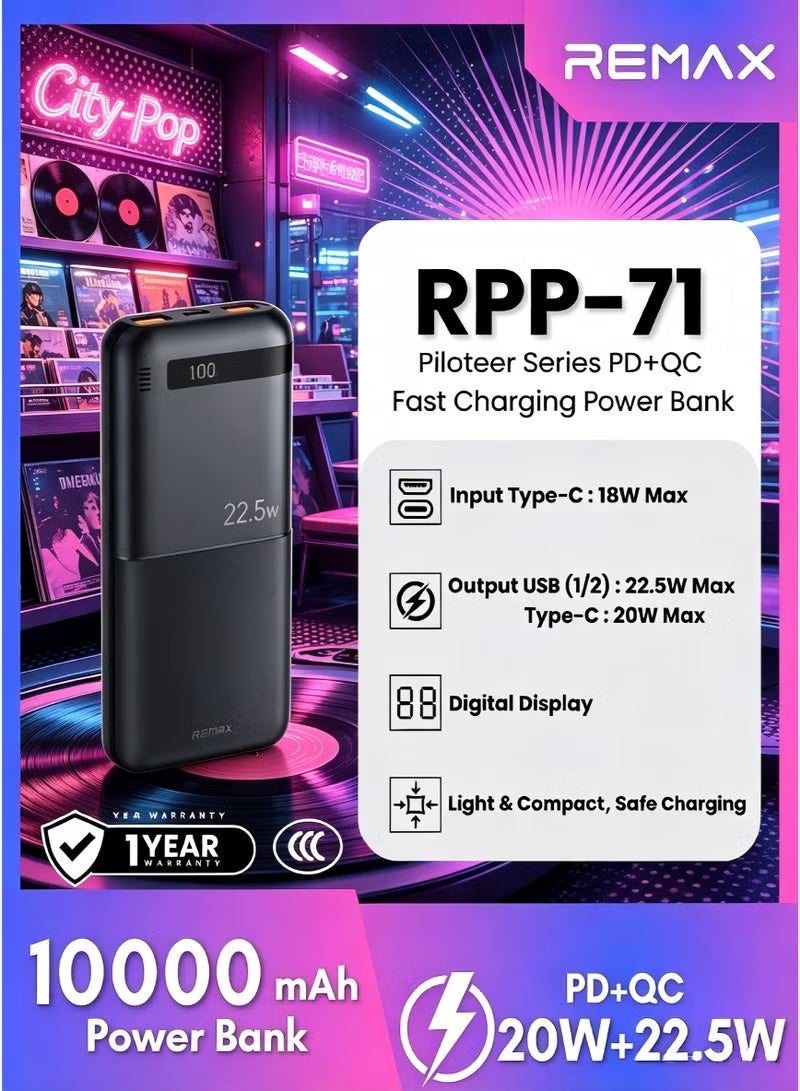 REMAX RPP-71 10000mAh Power Bank, 22.5W Fast Charging, Built-In Type-C & Lightning Cables, Portable Battery Charger, Dual Cable Power Bank, Compact Travel Charger, Black - Image 3