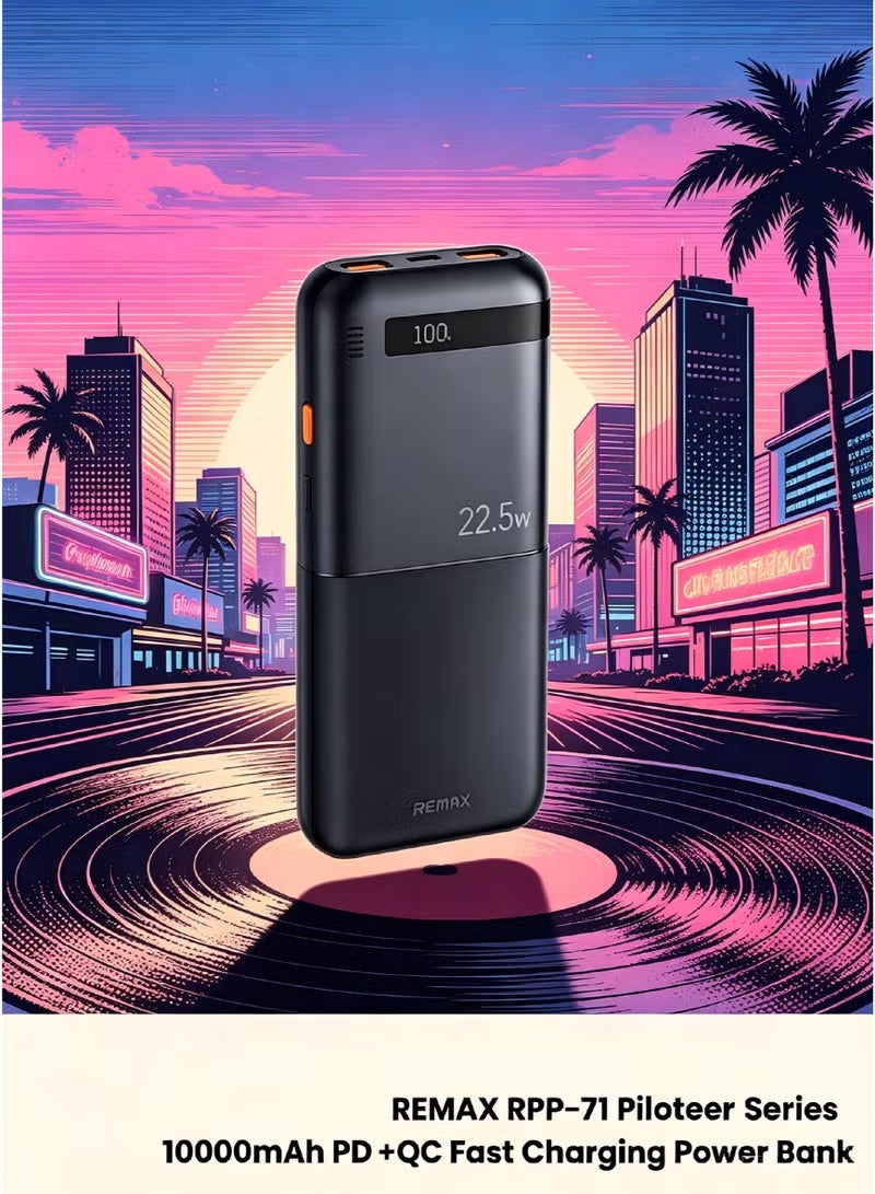 REMAX RPP-71 10000mAh Power Bank, 22.5W Fast Charging, Built-In Type-C & Lightning Cables, Portable Battery Charger, Dual Cable Power Bank, Compact Travel Charger, Black - Image 1
