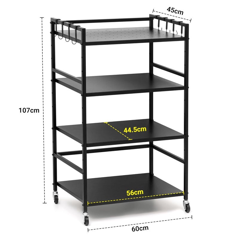 Livzing Livzing 4 Tier Metal Dish Rack Height Adjustable Microwave Stand with Hanging Plastic Hooks OTG Oven Stand Cabinet Microwave Rack with Rolling Wheels Kitchen Dish Organizer Tiered Shelf Black  - Image 2