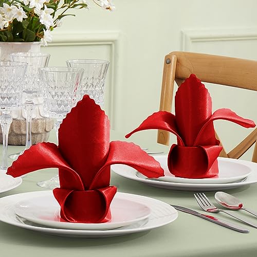 VACVELT Red Satin Napkins 12 Pack 17x17 Inch Wedding Elegant Dinner Square Napkins Scalloped Decor Silky Satin Cloth for Restaurant Banquet Graduation Party - Image 3