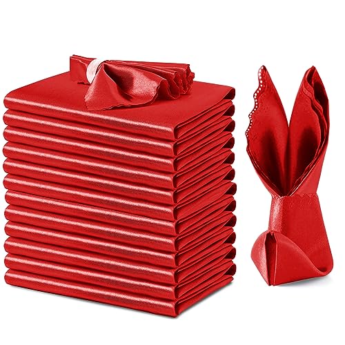 VACVELT Red Satin Napkins 12 Pack 17x17 Inch Wedding Elegant Dinner Square Napkins Scalloped Decor Silky Satin Cloth for Restaurant Banquet Graduation Party - Image 1