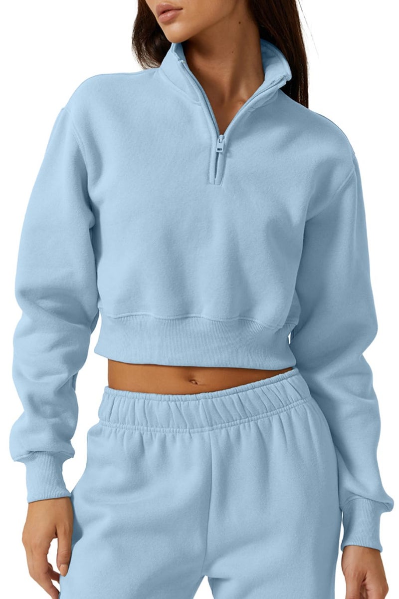 QINSEN Women's High Neck Sweatshirt for Winter Long Sleeve Fleece Pullover Top Light Blue S - Image 1