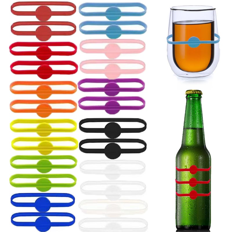 YFLife Drink Markers Silicone 24pcs Wine Glass Charms for Party Glasses Cups Cans Dentification Glass Markers for Drinks Strip Tag Marker for Beer Bottle Mug Jar Cocktail Party Solution