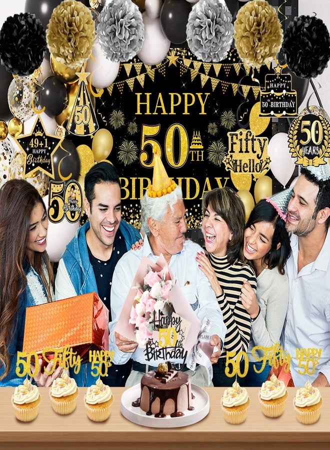 زينة عيد الميلاد الخمسين من YTHETM للرجال والنساء، 46 قطعة باللونين الأسود والذهبي، لوازم حفلات عيد الميلاد الخمسين، هدايا عيد ميلاد 1975، لافتة، خلفية، بالونات، زينة كعكة، قطعة مركزية على شكل خلية نحل، مجموعة دوامات معلقة - Image 4